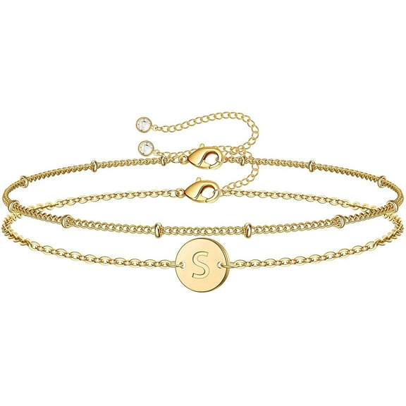 Gold Initial Bracelets for Women  Dainty 14K Gold Filled Layered Beaded Letter Initial Bracelet Personalized 26 Alphabet Disc Monogram Charm Bracelet Jewelry Gifts for Girls