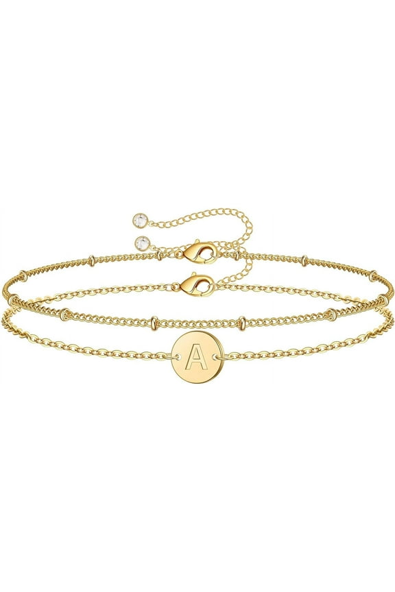 Gold Initial Bracelets for Women, Dainty 14K Gold Filled Layered Beaded Letter Initial Bracelet Personalized 26 Alphabet Disc Monogram Charm Bracelet Jewelry Gifts for Girls
