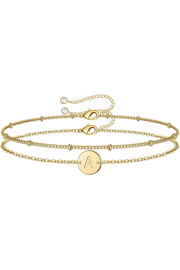 Gold Initial Bracelets for Women  Dainty 14K Gold Filled Layered Beaded Letter Initial Bracelet Personalized 26 Alphabet Disc Monogram Charm Bracelet Jewelry Gifts for Girls
