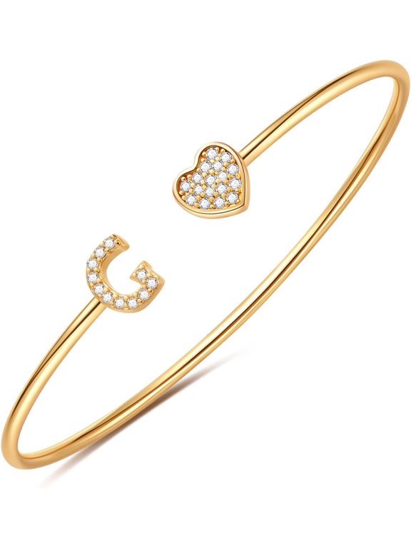 Gold Initial Bracelets for Women Girls, 14K Gold Plated Gold Bangle Bracelets for Women Girls Dainty Gold Initial Bracelets Heart Bracelets for Women Girls Bridesmaids Bracelets Gifts