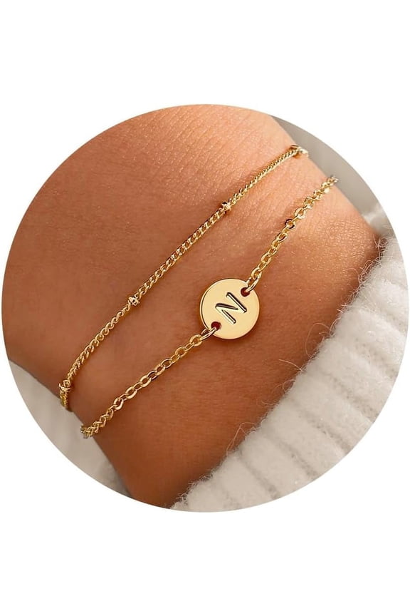 Gold Initial Bracelets for Women Girls - Dainty 16K Gold Plated Layered Beaded Letter Initial Bracelet Personalized Disc Monogram Bracelet Gold Bracelets for Women Teen Girl Gifts Trendy Stuff