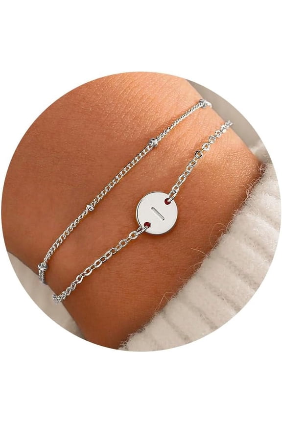 Gold Initial Bracelets for Women Girls - Dainty 16K Gold Plated Layered Beaded Letter Initial Bracelet Personalized Disc Monogram Bracelet Gold Bracelets for Women Teen Girl Gifts Trendy Stuff