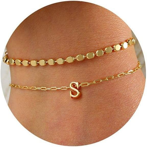 Gold Initial Bracelets for Women Girls - Solid Gold Over Layered Bracelets for Women Teen Girls Jewelry Letter Bracelet Initial Personalized Flat Bead Chain Bracelets for Teen Girls Gifts