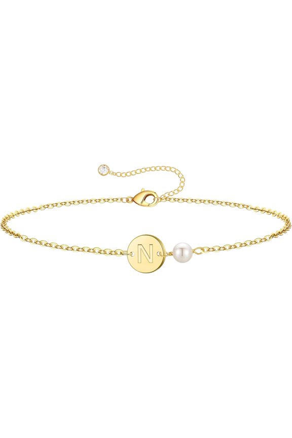 Gold Initial Bracelets for Women - Personalized Gold Bracelets for Women Teen Girls Initial Pearl Bracelets for Girls Gifts Disc Monogram Bracelets Gold Jewelry for Women Teen Girl Gifts