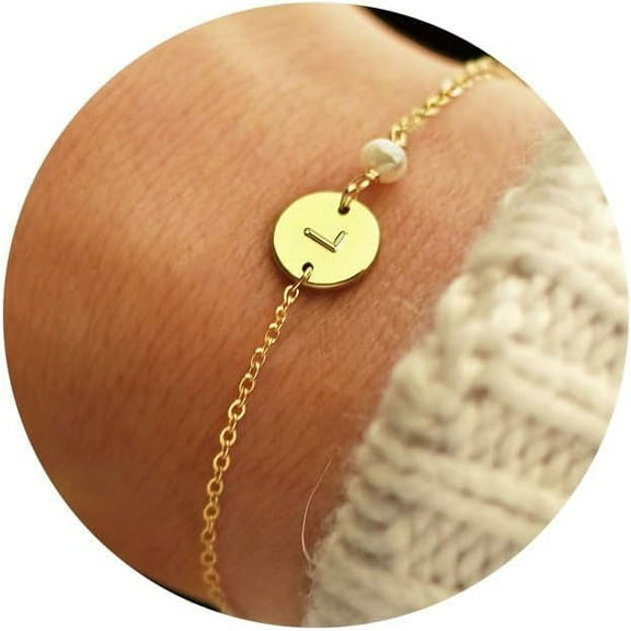 Gold Initial Bracelets for Women - Personalized Gold Bracelets for Women Teen Girls Pearl Initial Bracelets for Girls Women Disc Monogram Bracelets Gold Jewelry for Women Teen Girl Gifts