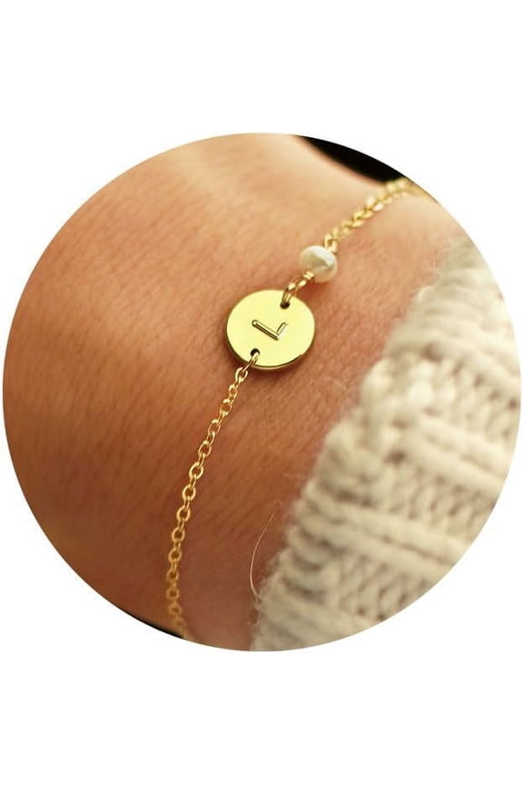 Gold Initial Bracelets for Women - Personalized Gold Bracelets for Women Teen Girls Pearl Initial Bracelets for Girls Women Disc Monogram Bracelets Gold Jewelry for Women Teen Girl Gifts