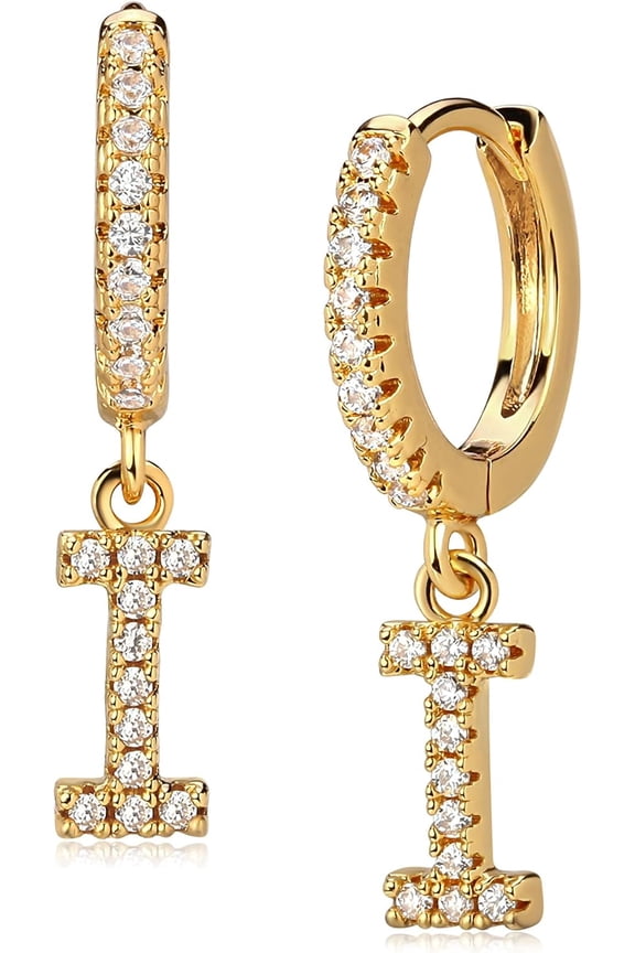 Gold Initial Earring 14K Gold Plated Dainty Tiny Diamond Cubic Zirconia Inlay Alphabet Letter Name A To Z Charm Drop Dangle Huggie Hoop Earrings Delicate Jewelry[Z1]