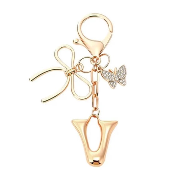 Gold Initial Keychain for Women with Bow and Butterfly Charm, Cute Bubble Letter Bag Charms for Purse Handbag Accessories, Personalized Gift Idea for Her with A-Z Initial Selection