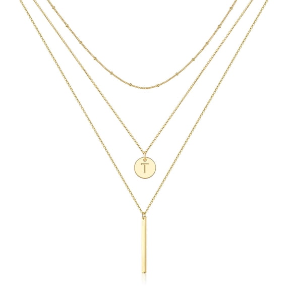 Gold Initial Layered Necklaces for Women, 14K Gold Plated Coin Letter Necklace Bar Stacking Necklace Coin Necklace Layer Necklace Multi Bar Layering Gold Choker Necklaces Jewelry for Women