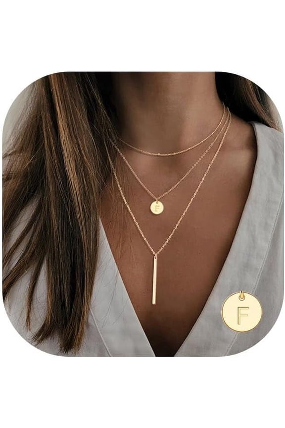 Gold Initial Layered Necklaces For Women, 14K Gold Plated Coin Letter Necklace Bar Stacking Necklace Layer Necklace Multi Bar Layering Y-Necklaces Jewelry For Women[o1001]
