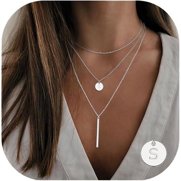 Gold Initial Layered Necklaces For Women, 14K Gold Plated Coin Letter Necklace Bar Stacking Necklace Layer Necklace Multi Bar Layering Y-Necklaces Jewelry For Women[o980]