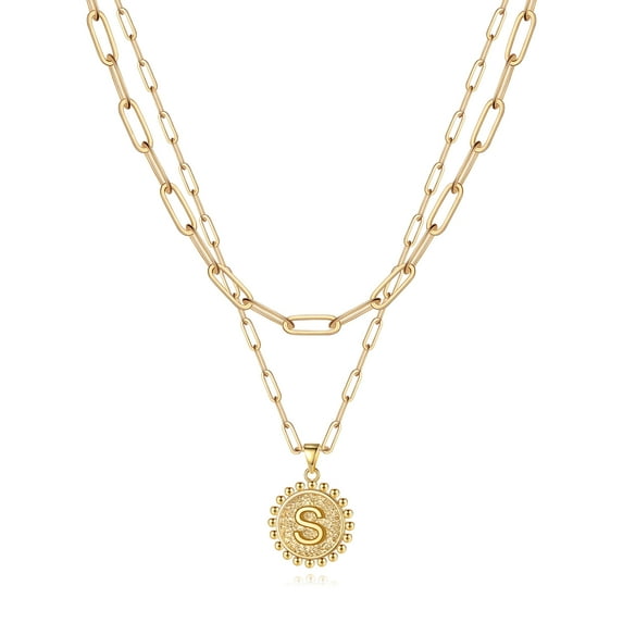 Turandoss 14K Gold Plated Layered Initial Pendant Necklace for Women Adjustable Link Coin Pendant Jewelry Birthday Wedding Gifts for Women Maid Of Honor Gifts