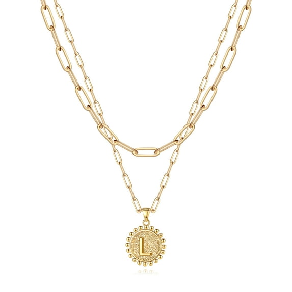 Turandoss 14K Gold Plated Layered Initial Pendant Y-Necklaces for Women Paperclip Coin Letter A-Z Jewelry Birthday Back To School Gifts for Women Girls Her