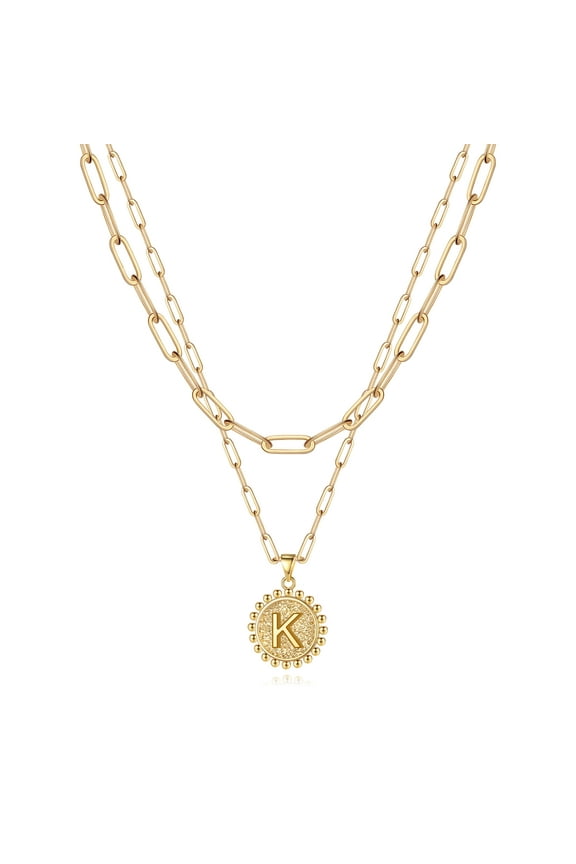 Dainty Initial Pendant Necklace for Women Girls 14K Gold Plated Layering Link Coin Letter A-Z Jewelry Birthday Unique Accessories Gifts for Women Her