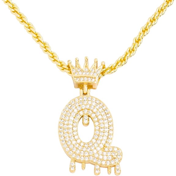Gold Initial Letter Necklace for Women Men Iced Out Diamond Crown Letter A-Z Pendant Necklace with 24“ Rope Chain Hip Hop Jewelry