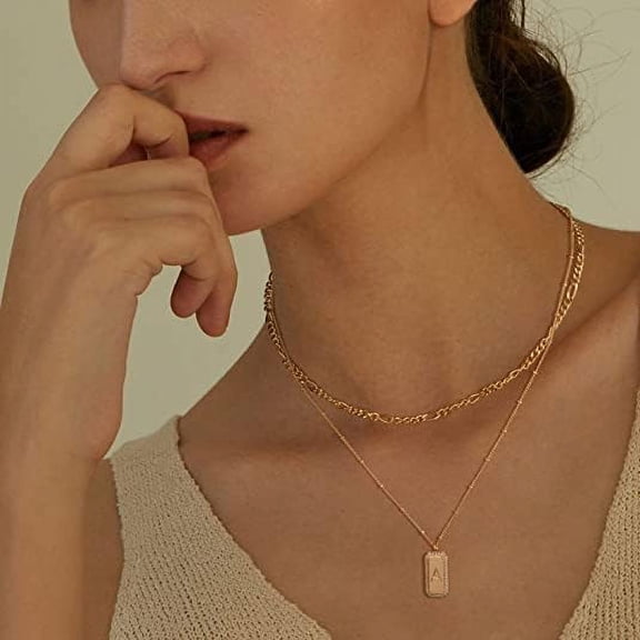 Gold Initial Necklace For Women 14K Gold Plated Figaro Chain Choker Layered Necklaces Set Bar Rectangle Pendant Necklaces Simple Dainty Letter Necklace Everyday Gold Jewelry[o3270]