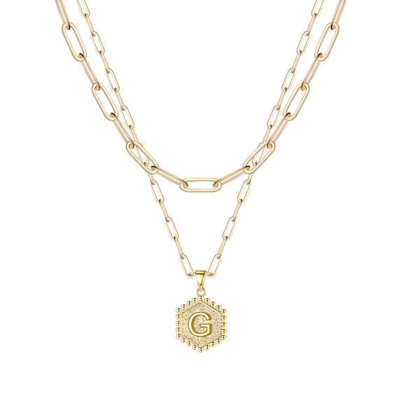 Gold Initial Necklace for Women - Hexagon Letter Pendant Jewelry Stainless Steel Layered Necklace A-Z Alphabet for Her 2PCS