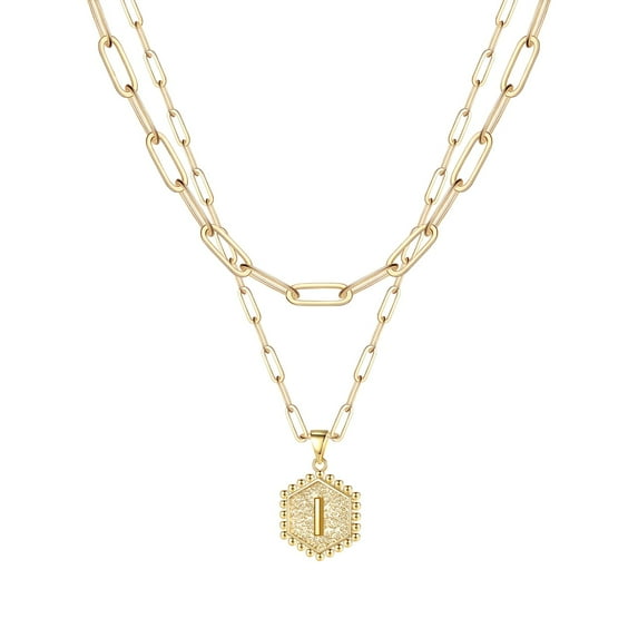 Gold Initial Necklace for Women Elegant Hexagon Letter Pendant Layered Jewelry Stainless Steel for Her 2PCS