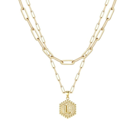 Gold Initial Necklace for Women Elegant Hexagon Letter Pendant Layered Jewelry Stainless Steel for Her 2PCS
