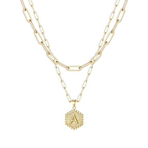 Gold Initial Necklace for Women Elegant Hexagon Letter Pendant Layered Jewelry Stainless Steel for Her 2PCS