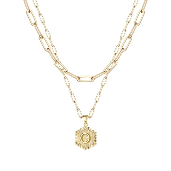 Gold Initial Necklace for Women - Hexagon Letter Pendant Jewelry Stainless Steel Layered Necklace A-Z Alphabet for Her 2PCS