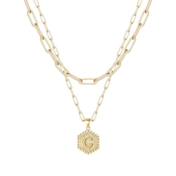 Gold Initial Necklace for Women - Hexagon Letter Pendant Jewelry Stainless Steel Layered Necklace A-Z Alphabet for Her 2PCS