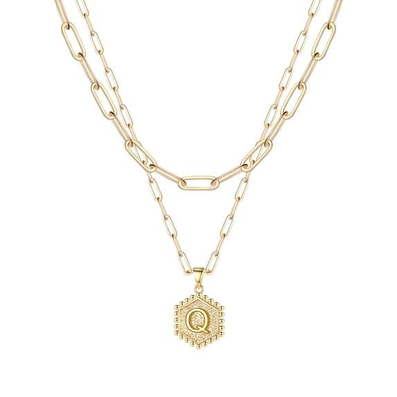 Gold Initial Necklace for Women Elegant Hexagon Letter Pendant Layered Jewelry Stainless Steel for Her 2PCS