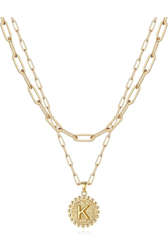 Gold Initial Necklaces for Women, 14K Gold Plated Dainty Layering Paperclip Link Chain Necklace Personalized Coin Initial Layered Gold Necklaces for Women