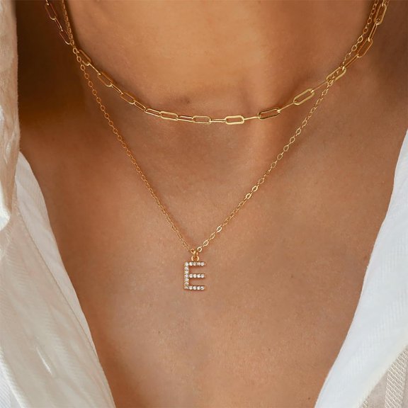 Gold Initial Necklaces For Women, 14K Gold Plated Layered Initial Necklace Dainty Paperclip Chain Necklace Cute Diamond Letter Pendant Necklace Gold Initial Necklaces For Women Gifts[o7085]