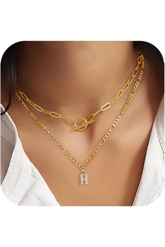 Gold Initial Necklaces for Women - 14K Gold Layered Letter Paperclip Chain Necklace for Women, Dainty Gold Layering CZ OT Clasp Necklace for Women, Gold Jewelry for Women Gifts