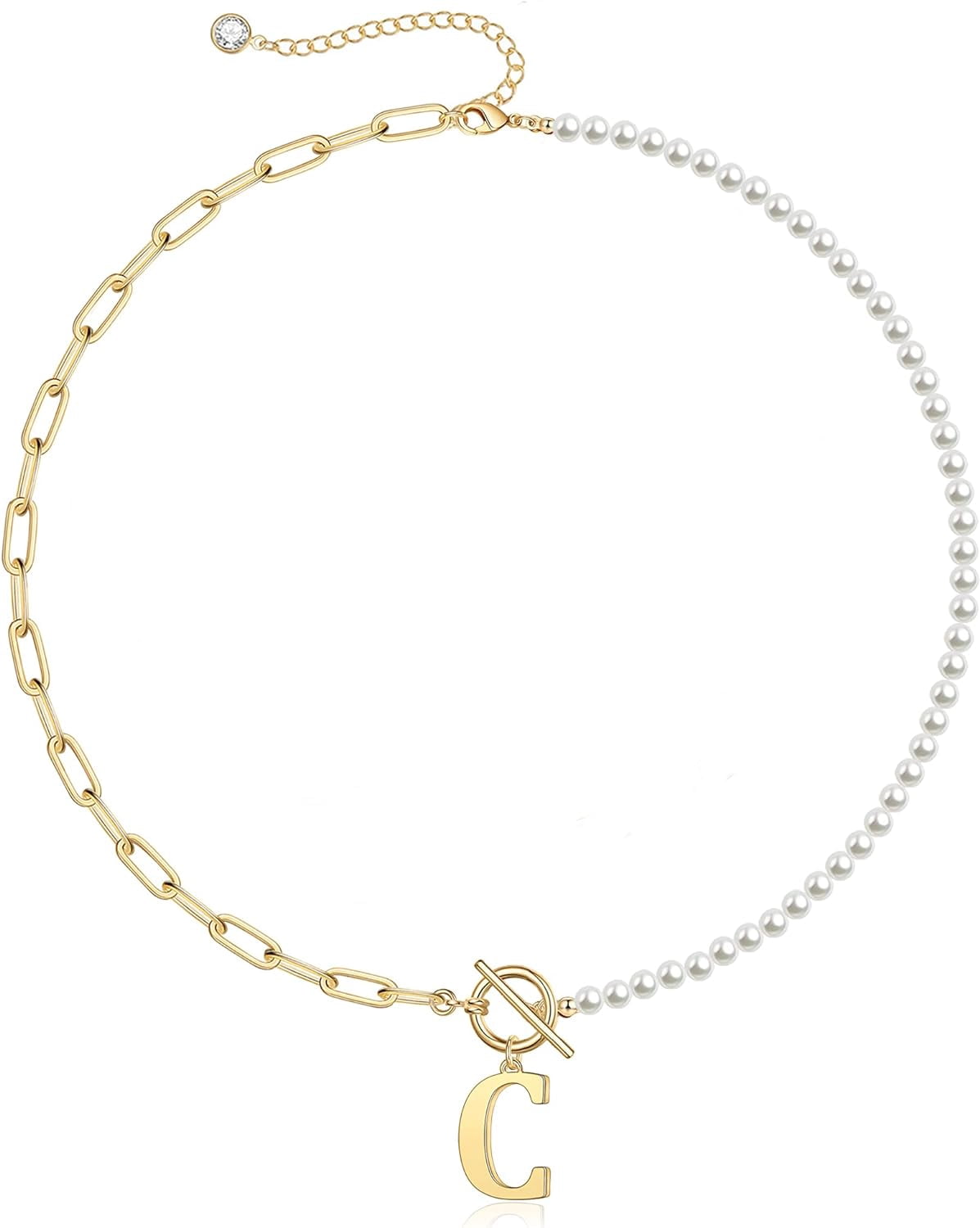 Gold Initial Pearl Necklace For Women, 14K Gold Plated Paperclip Link Chain Necklace Choker Toggle Clasp Necklace Dainty Pearl Chain Necklace Initial Pendant Necklaces For Women Gold Jewelry[o5063]