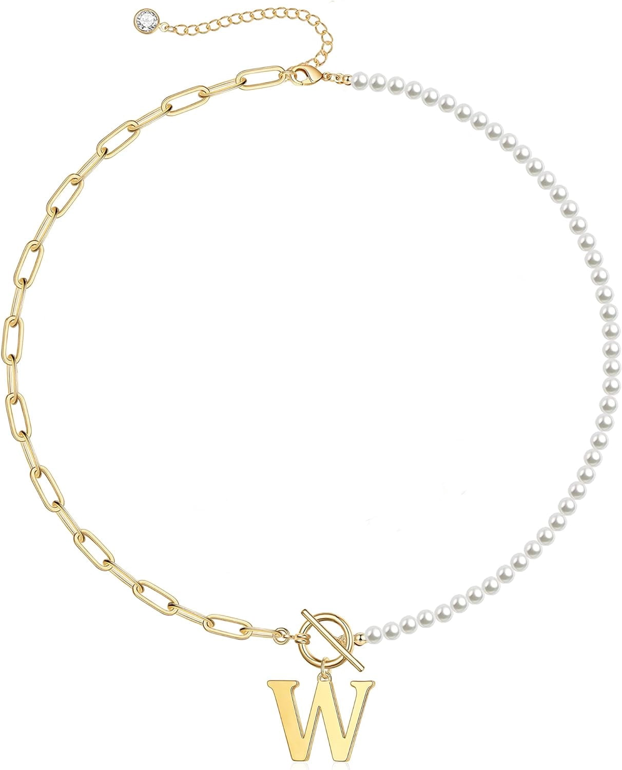 Gold Initial Pearl Necklace For Women, 14K Gold Plated Paperclip Link Chain Necklace Choker Toggle Clasp Necklace Dainty Pearl Chain Necklace Initial Pendant Necklaces For Women Gold Jewelry[o5067]