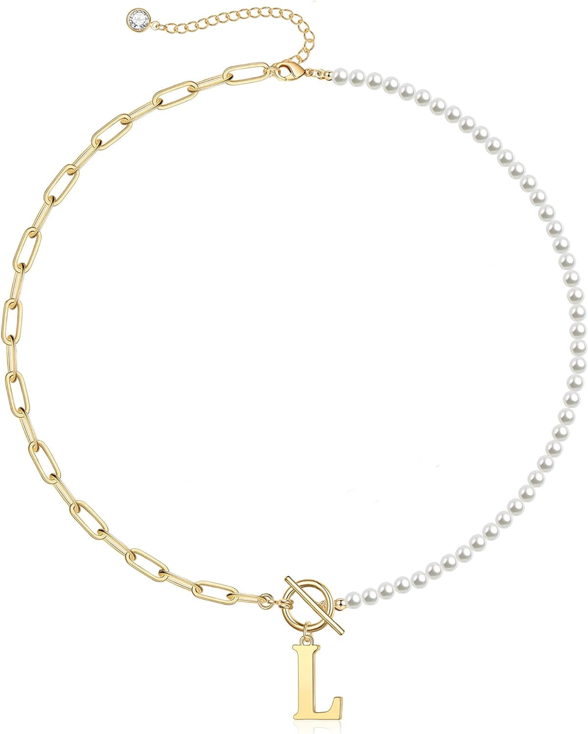 Gold Initial Pearl Necklace For Women, 14K Gold Plated Paperclip Link Chain Necklace Choker Toggle Clasp Necklace Dainty Pearl Chain Necklace Initial Pendant Necklaces For Women Gold Jewelry[o5075]