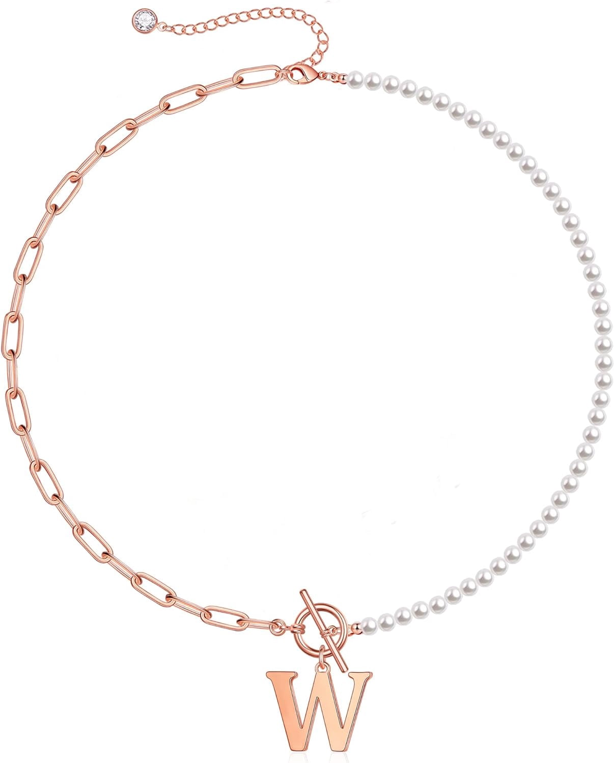 Gold Initial Pearl Necklace For Women, 14K Gold Plated Paperclip Link Chain Necklace Choker Toggle Clasp Necklace Dainty Pearl Chain Necklace Initial Pendant Necklaces For Women Gold Jewelry[o5024]