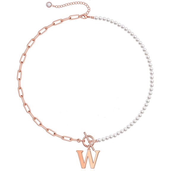 Gold Initial Pearl Necklace For Women, 14K Gold Plated Paperclip Link Chain Necklace Choker Toggle Clasp Necklace Dainty Pearl Chain Necklace Initial Pendant Necklaces For Women Gold Jewelry[o5024]