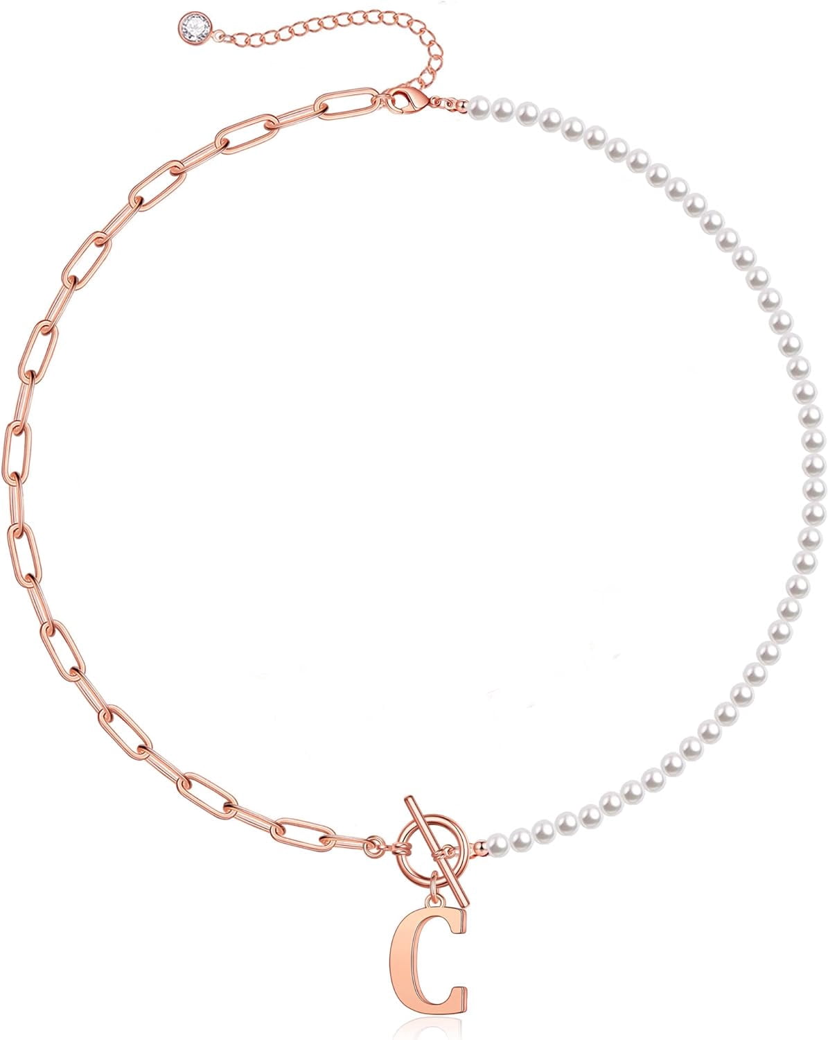Gold Initial Pearl Necklace For Women, 14K Gold Plated Paperclip Link Chain Necklace Choker Toggle Clasp Necklace Dainty Pearl Chain Necklace Initial Pendant Necklaces For Women Gold Jewelry[o5014]