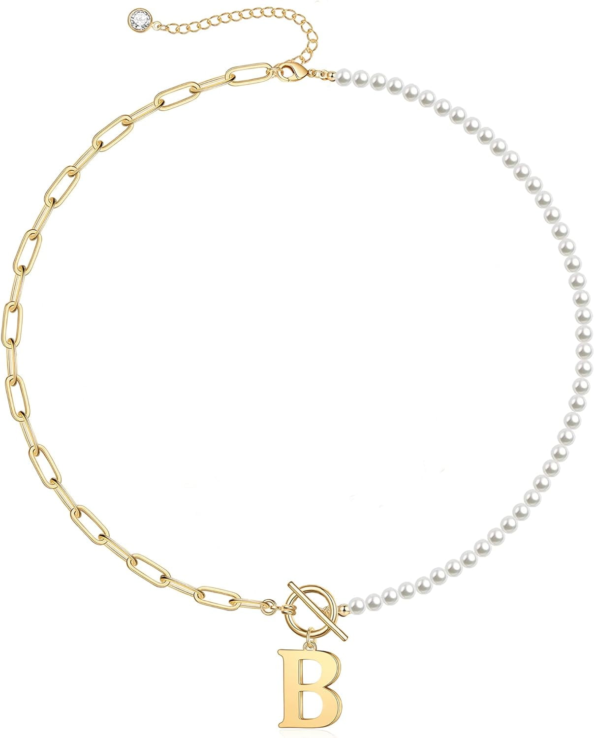Gold Initial Pearl Necklace For Women, 14K Gold Plated Paperclip Link Chain Necklace Choker Toggle Clasp Necklace Dainty Pearl Chain Necklace Initial Pendant Necklaces For Women Gold Jewelry[o5057]