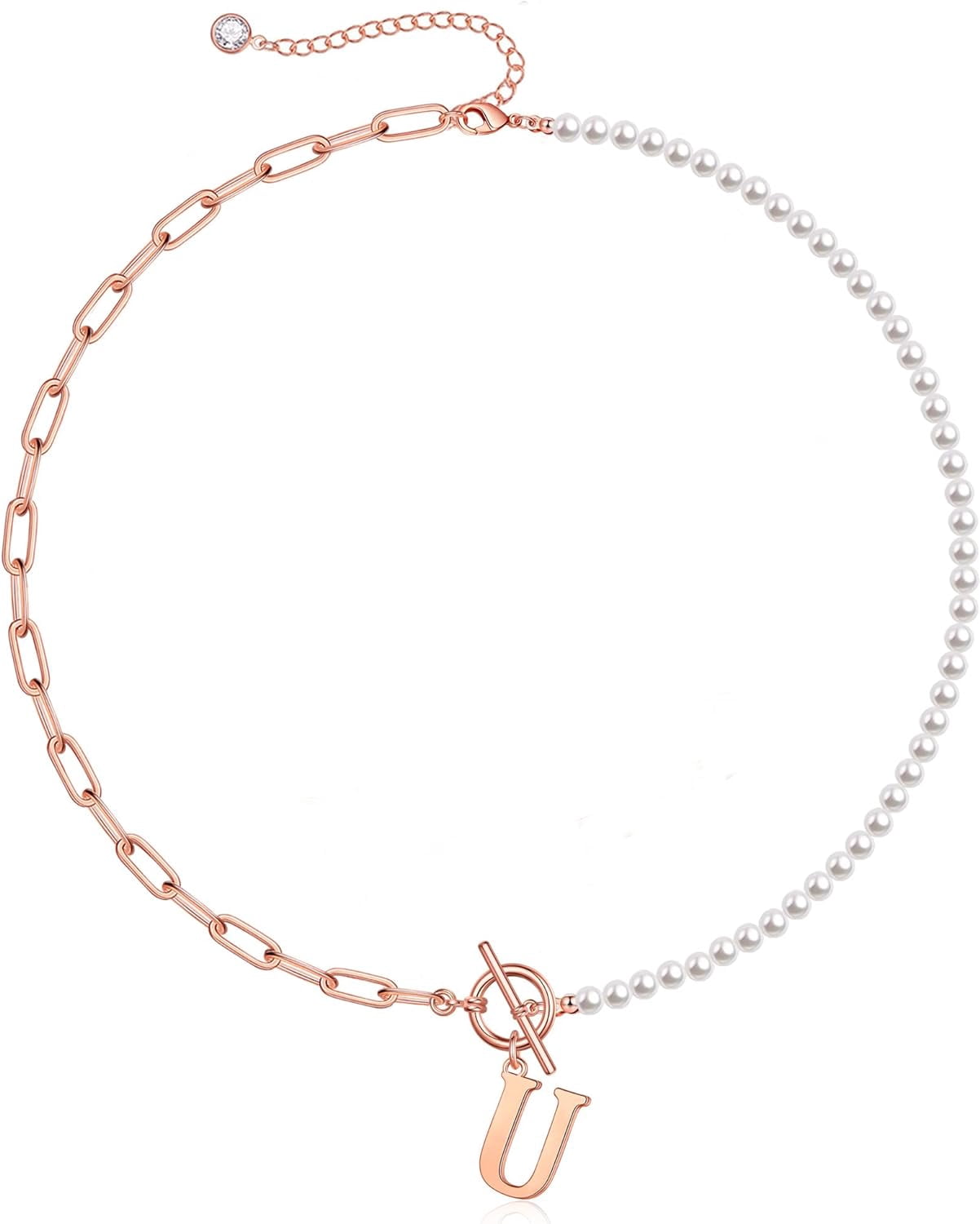 Gold Initial Pearl Necklace For Women, 14K Gold Plated Paperclip Link Chain Necklace Choker Toggle Clasp Necklace Dainty Pearl Chain Necklace Initial Pendant Necklaces For Women Gold Jewelry[o5015]