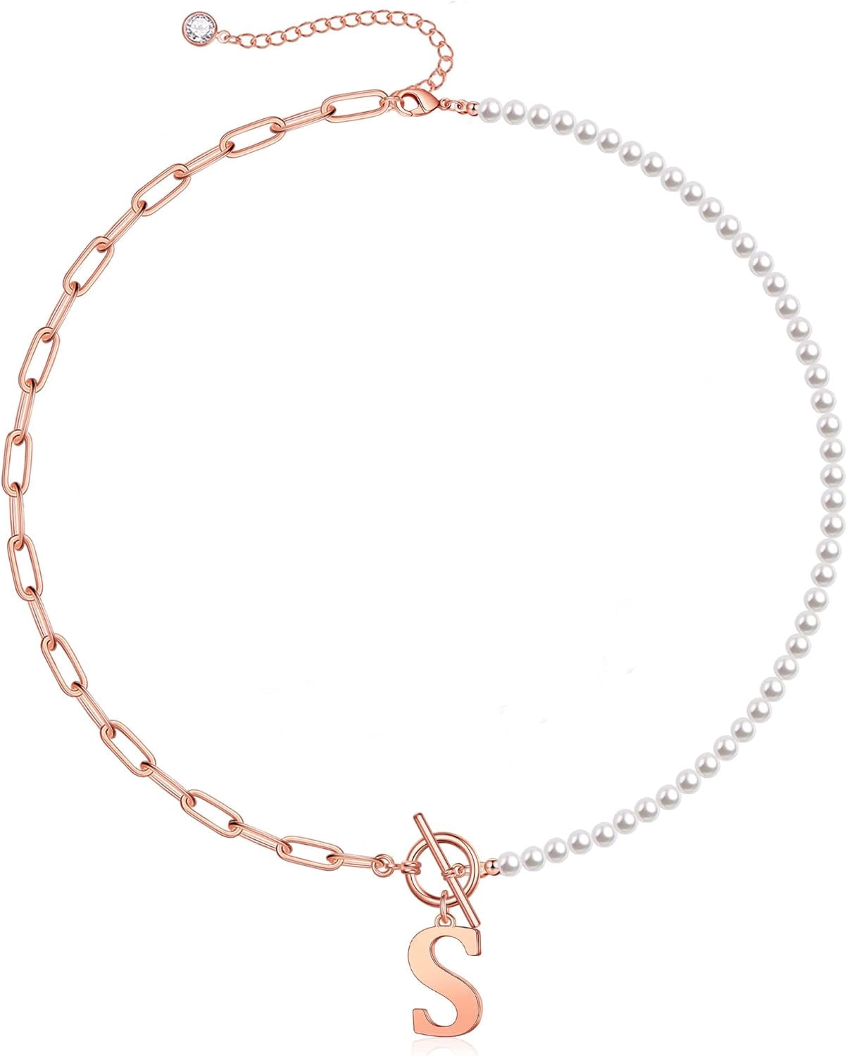 Gold Initial Pearl Necklace For Women, 14K Gold Plated Paperclip Link Chain Necklace Choker Toggle Clasp Necklace Dainty Pearl Chain Necklace Initial Pendant Necklaces For Women Gold Jewelry[o5025]