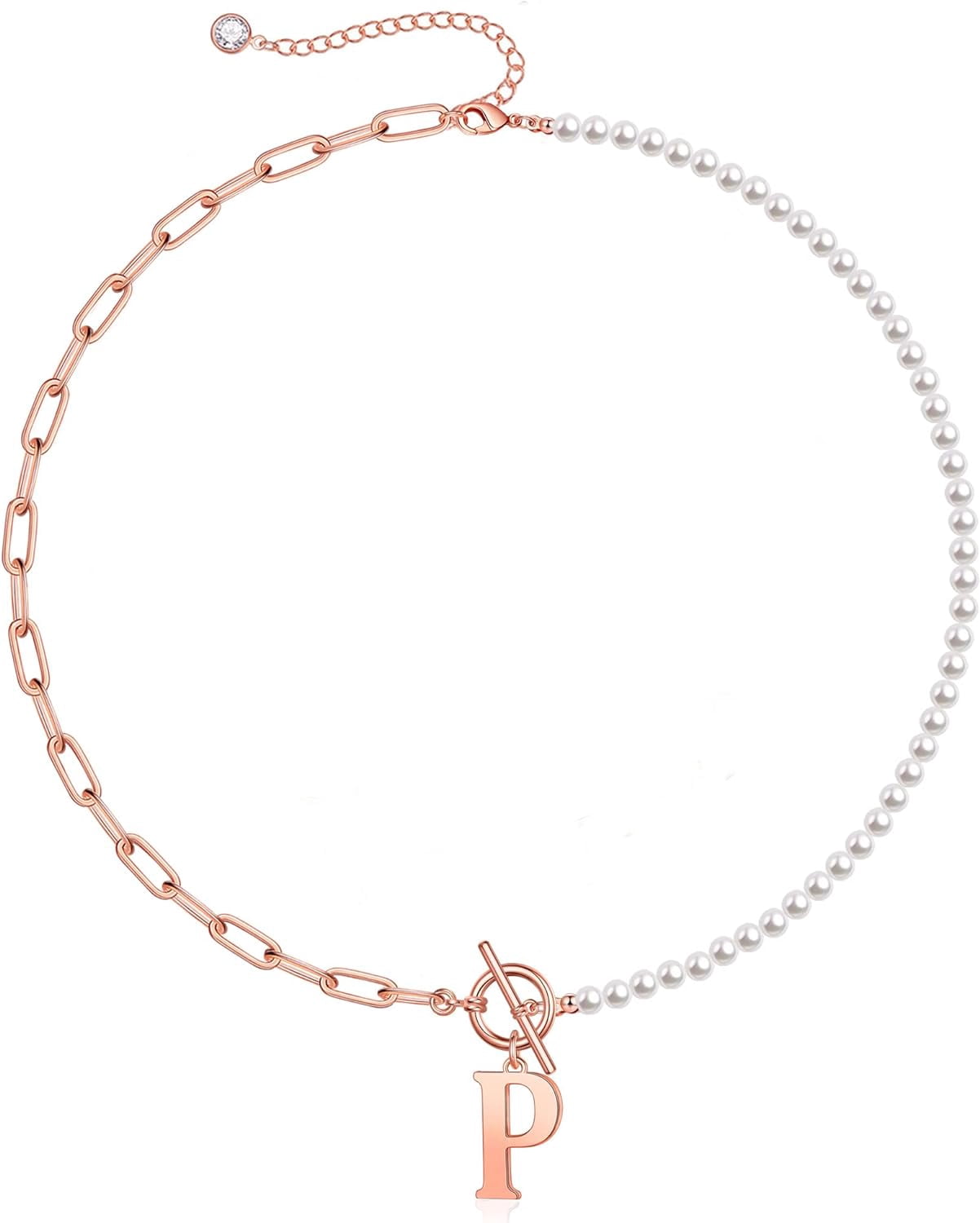 Gold Initial Pearl Necklace For Women, 14K Gold Plated Paperclip Link Chain Necklace Choker Toggle Clasp Necklace Dainty Pearl Chain Necklace Initial Pendant Necklaces For Women Gold Jewelry[o5011]