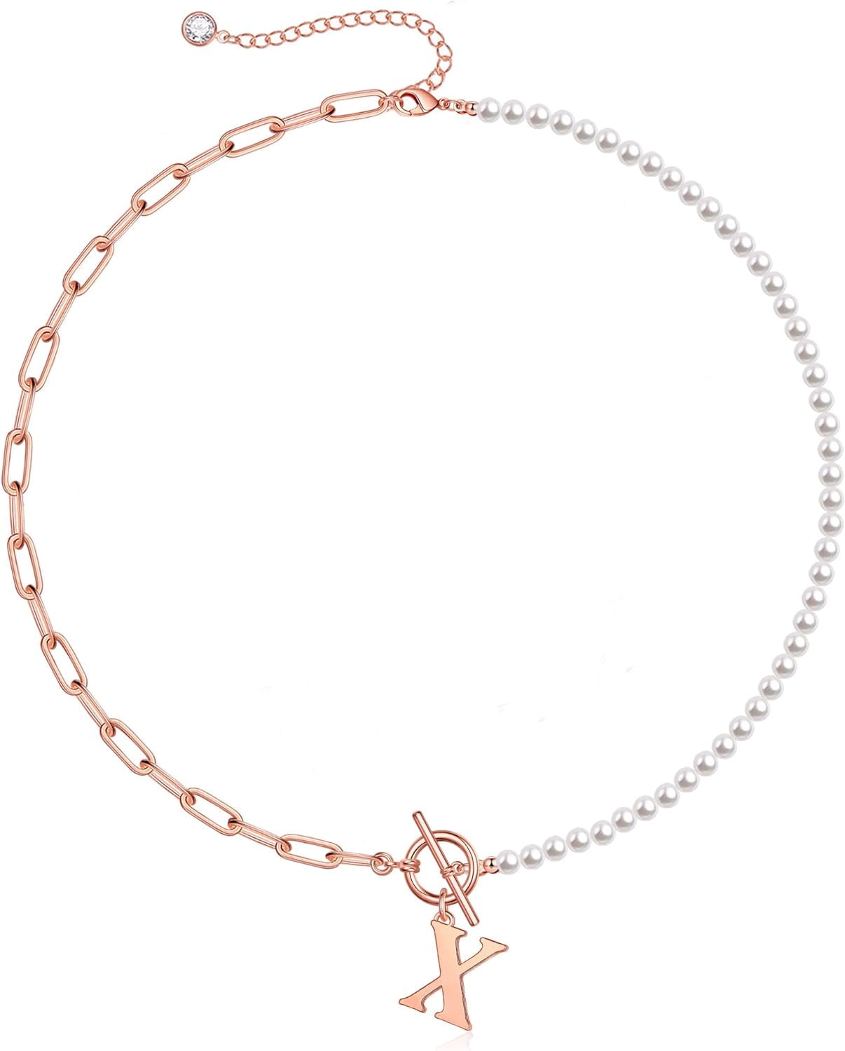 Gold Initial Pearl Necklace For Women, 14K Gold Plated Paperclip Link Chain Necklace Choker Toggle Clasp Necklace Dainty Pearl Chain Necklace Initial Pendant Necklaces For Women Gold Jewelry[o5010]