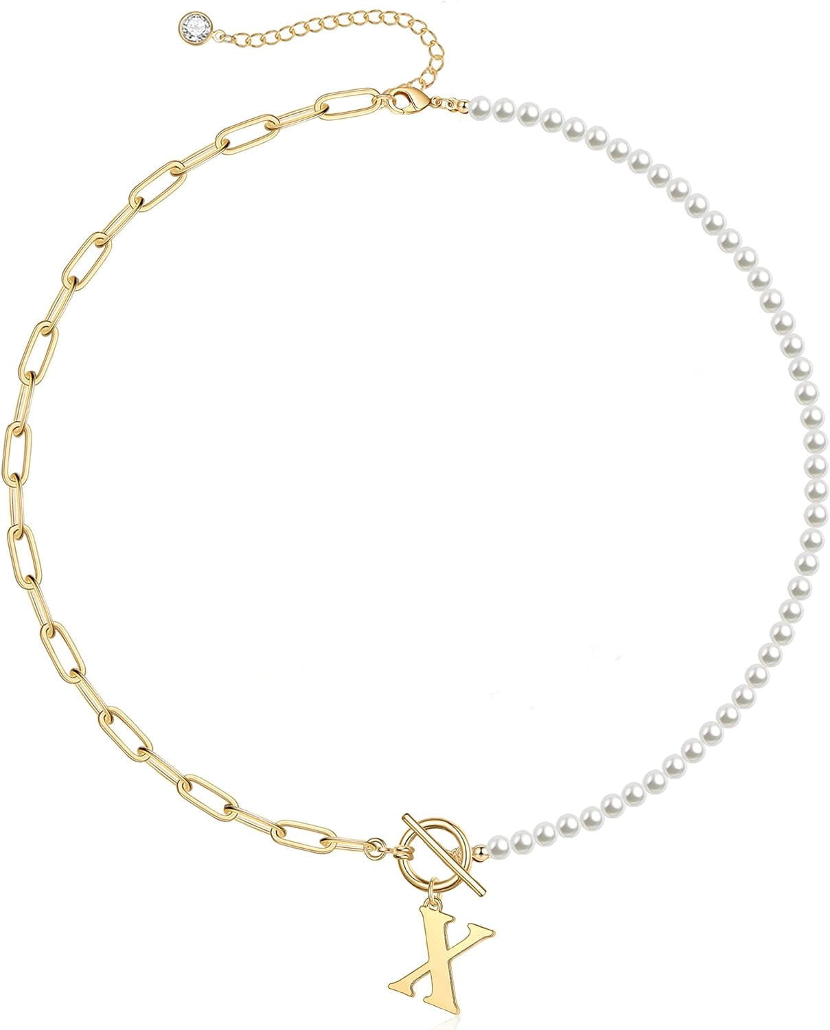 Gold Initial Pearl Necklace For Women, 14K Gold Plated Paperclip Link Chain Necklace Choker Toggle Clasp Necklace Dainty Pearl Chain Necklace Initial Pendant Necklaces For Women Gold Jewelry[o5074]