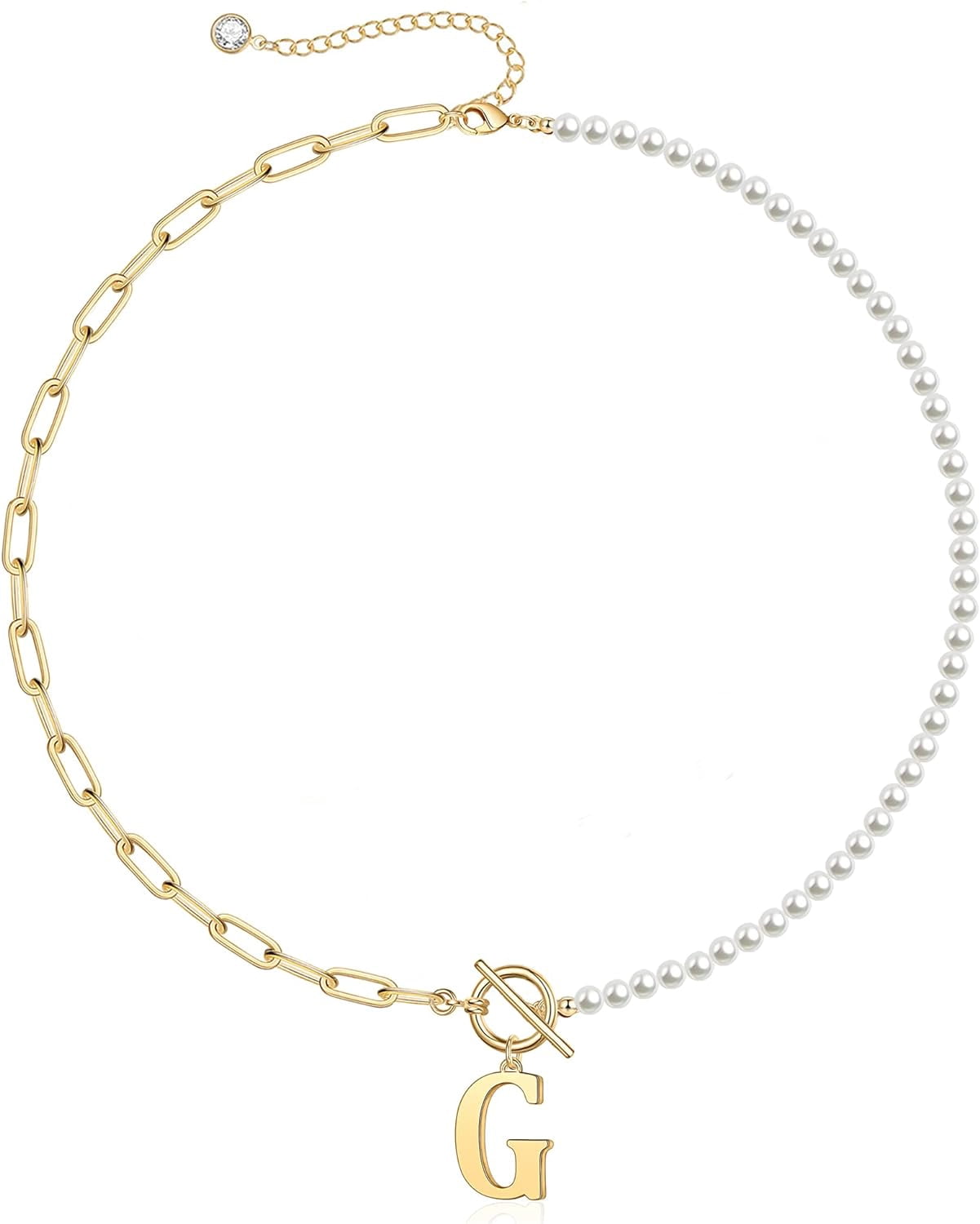 Gold Initial Pearl Necklace For Women, 14K Gold Plated Paperclip Link Chain Necklace Choker Toggle Clasp Necklace Dainty Pearl Chain Necklace Initial Pendant Necklaces For Women Gold Jewelry[o5055]