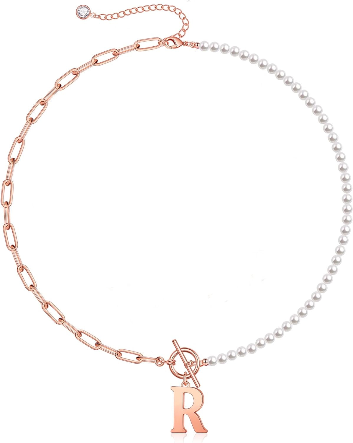 Gold Initial Pearl Necklace For Women, 14K Gold Plated Paperclip Link Chain Necklace Choker Toggle Clasp Necklace Dainty Pearl Chain Necklace Initial Pendant Necklaces For Women Gold Jewelry[o5023]