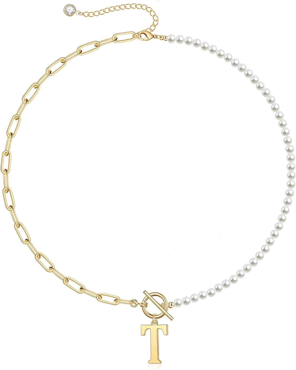 Gold Initial Pearl Necklace For Women, 14K Gold Plated Paperclip Link Chain Necklace Choker Toggle Clasp Necklace Dainty Pearl Chain Necklace Initial Pendant Necklaces For Women Gold Jewelry[o5072]