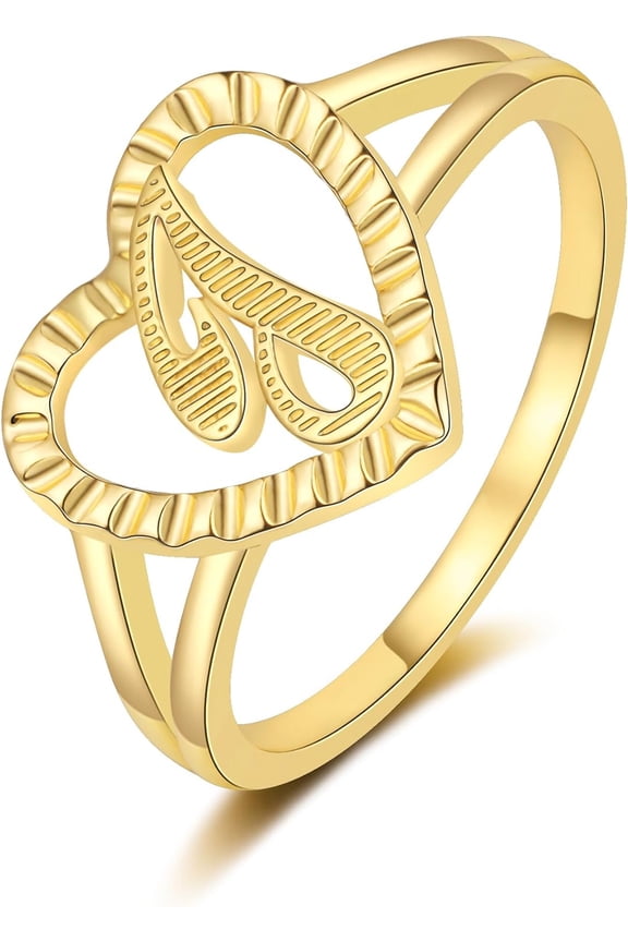 Gold Initial Ring for Women Vintage Initial Heart Love Ring Non Tarnish 14K Gold Plated Personalized Carved Letter Statement Ring Size 6-10 Jewelry Gifts