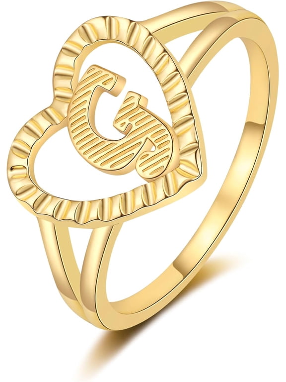 Gold Initial Ring for Women Vintage Initial Heart Love Ring Non Tarnish 14K Gold Plated Personalized Carved Letter Statement Ring Size 6-10 Jewelry Gifts