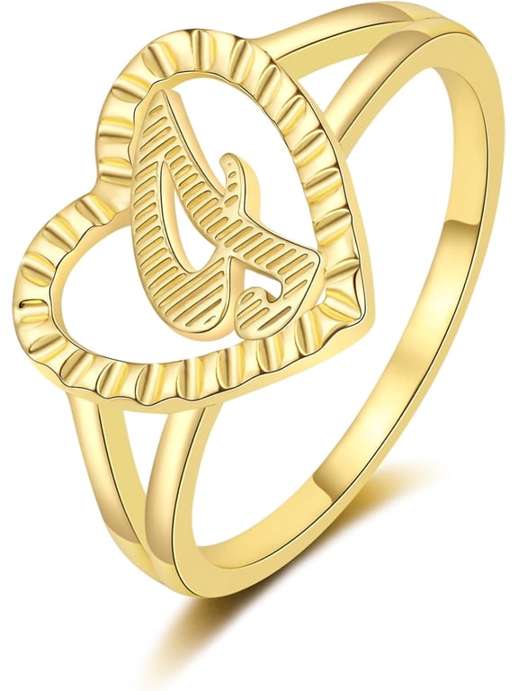 Gold Initial Ring for Women Vintage Initial Heart Love Ring Non Tarnish 14K Gold Plated Personalized Carved Letter Statement Ring Size 6-10 Jewelry Gifts