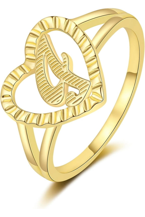 Gold Initial Ring for Women Vintage Initial Heart Love Ring Non Tarnish 14K Gold Plated Personalized Carved Letter Statement Ring Size 6-10 Jewelry Gifts