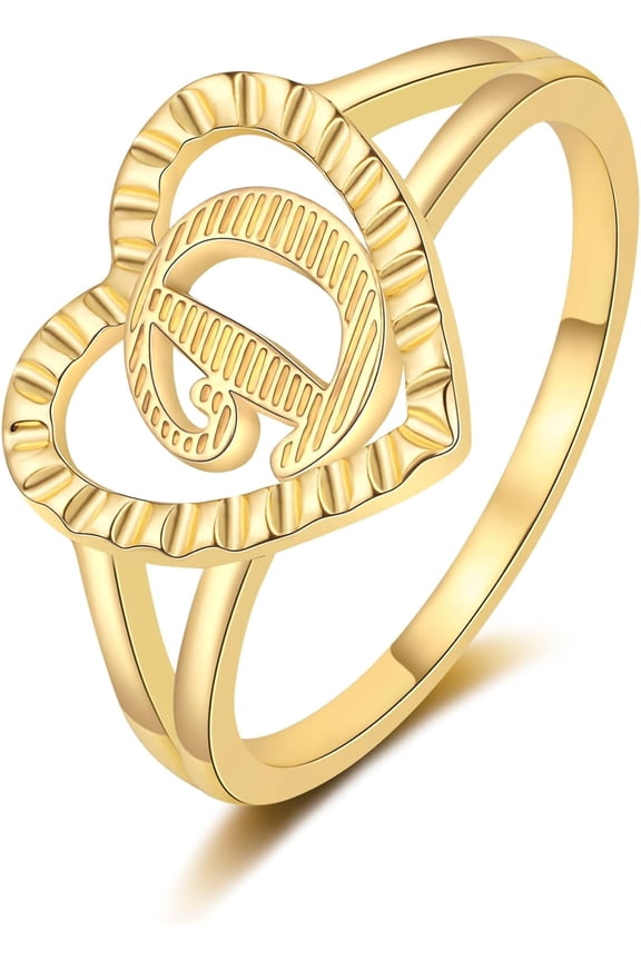 Gold Initial Ring for Women Vintage Initial Heart Love Ring Non Tarnish 14K Gold Plated Personalized Carved Letter Statement Ring Size 6-10 Jewelry Gifts